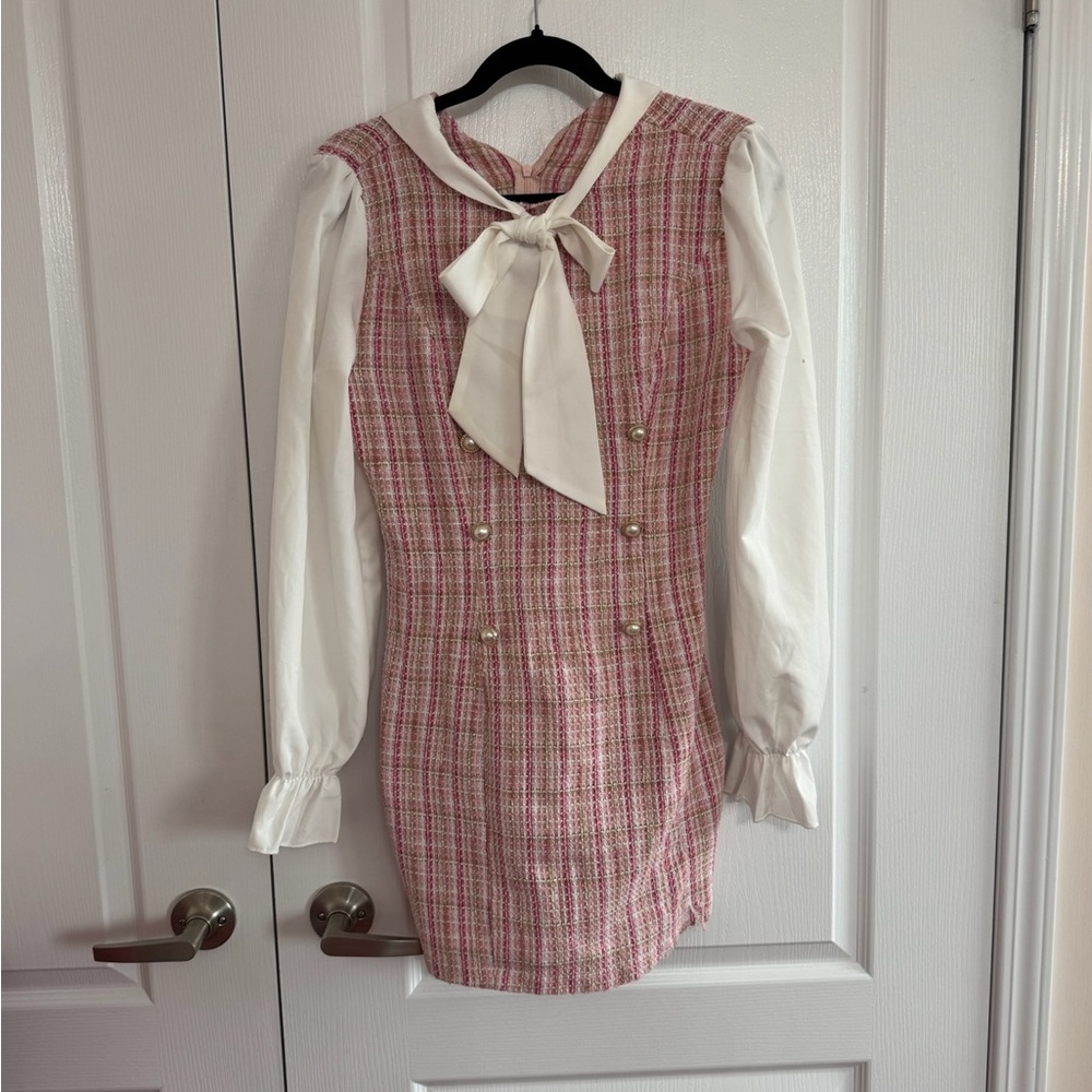 Pink and White Plaid Dress with Bow